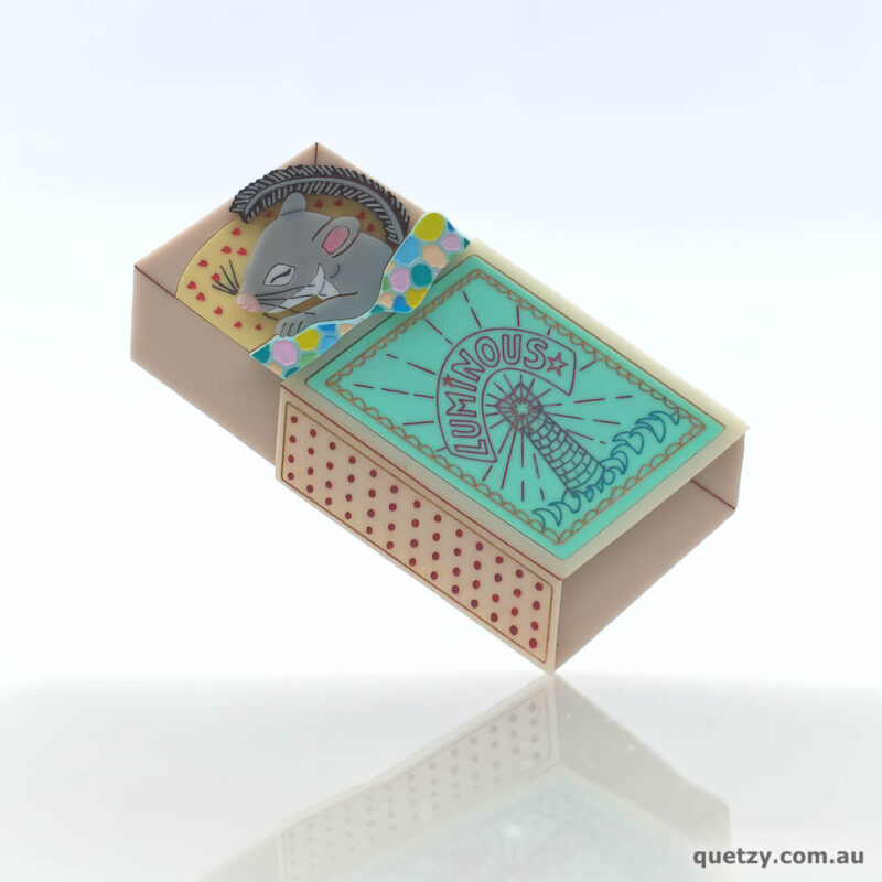 Feathertail Glider in a matchbox bed. Handmade acrylic brooch, by Quetzy