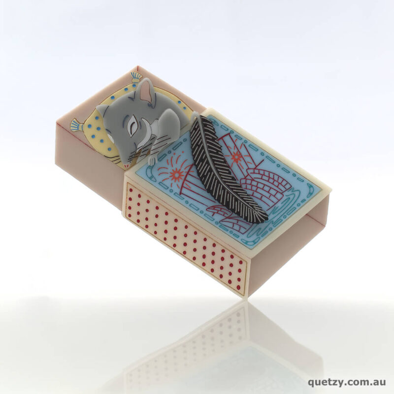 Phascogale Baby in matchbox bed handmade acrylic brooch, by Quetzy