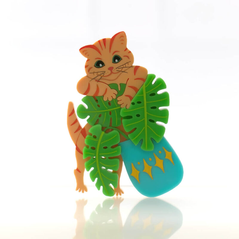 Cats in House Plants, series by Quetzy. 'Mr Potts' acrylic brooch