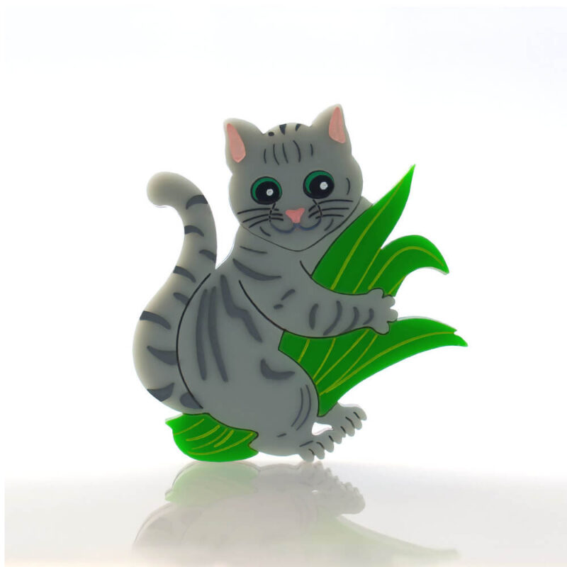Cats in House Plants, series by Quetzy. 'Saddle Strap' acrylic brooch