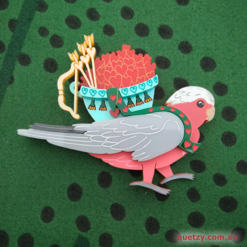 Love Galah with basket full of hearts. Valentine's Brooch Release by Quetzy