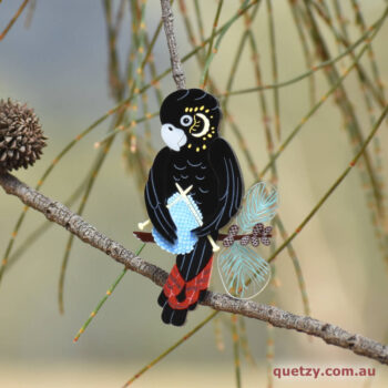 Nest Knitting Black Cockatoo Brooch. Bushfire Recovery Charity Collection.
