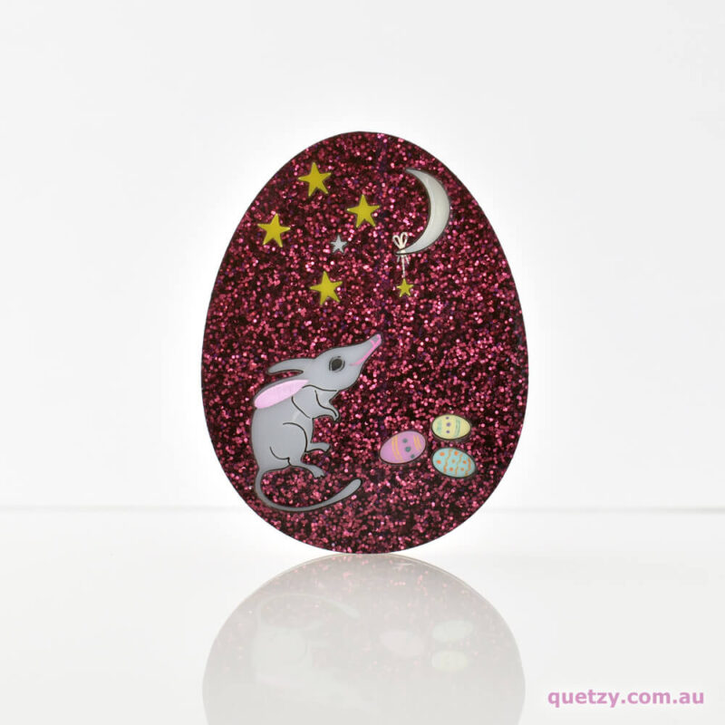 Glitter Bilby Egg in Outback Red. Quetzy Mini Easter Brooch Collection.
