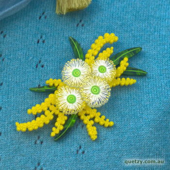 Wondrous Wattle acrylic brooch. Designed, laser cut and handmade by Quetzy.