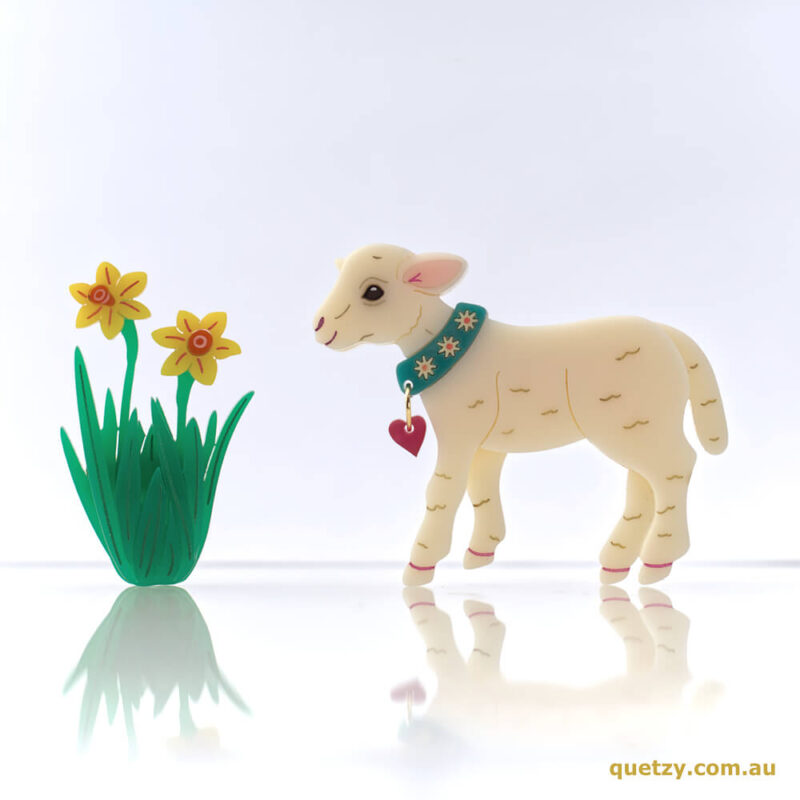 Happy Lamb with separate Daffodil acrylic brooch. Designed, laser cut and handmade by Quetzy.