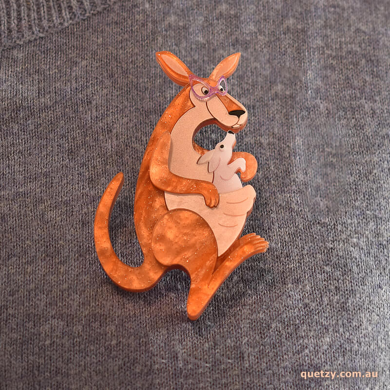 Boingo, 1950s inspired spectacled kangaroo and joey acrylic brooch. Handmade by Quetzy.