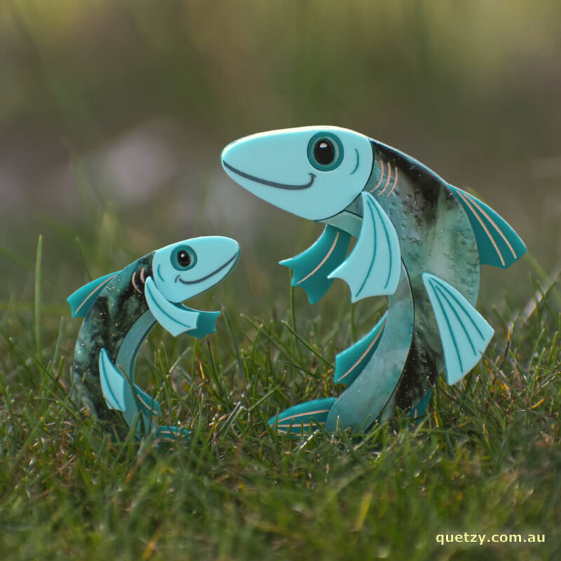 'Phineas' fish acrylic brooch. Designed, laser cut and handmade by Quetzy.