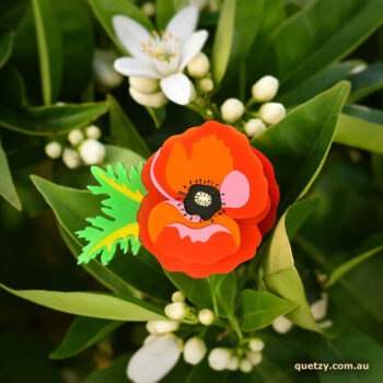 Remembering Poppy acrylic brooch. Designed and handmade by Quetzy.