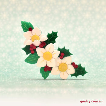 Christmas Rose with Holly & Berries. A botanical themed acrylic brooch, designed and handmade by Quetzy.