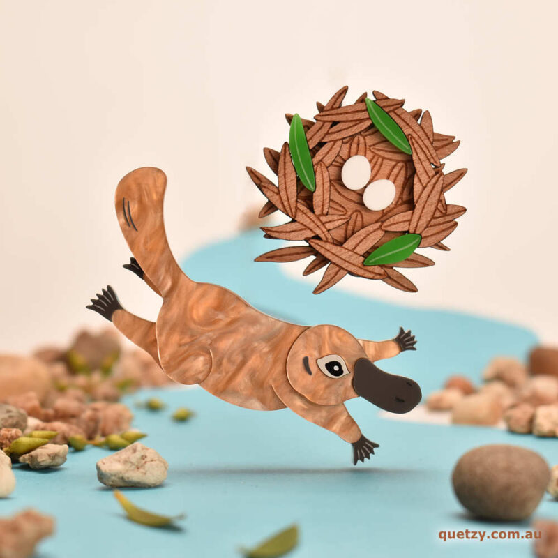 Frolicking Platypus and Leafy Nest acrylic brooch. Designed and handmade by Quetzy.