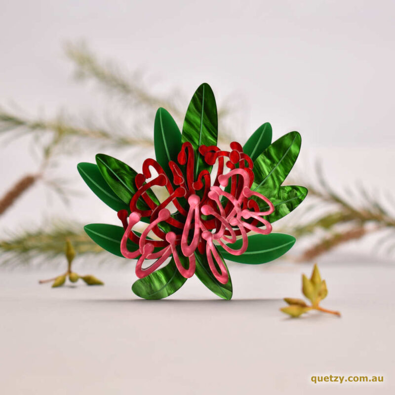 Tasmanian Waratah acrylic brooch in swirly red, pink and green. Designed and handmade by Quetzy.