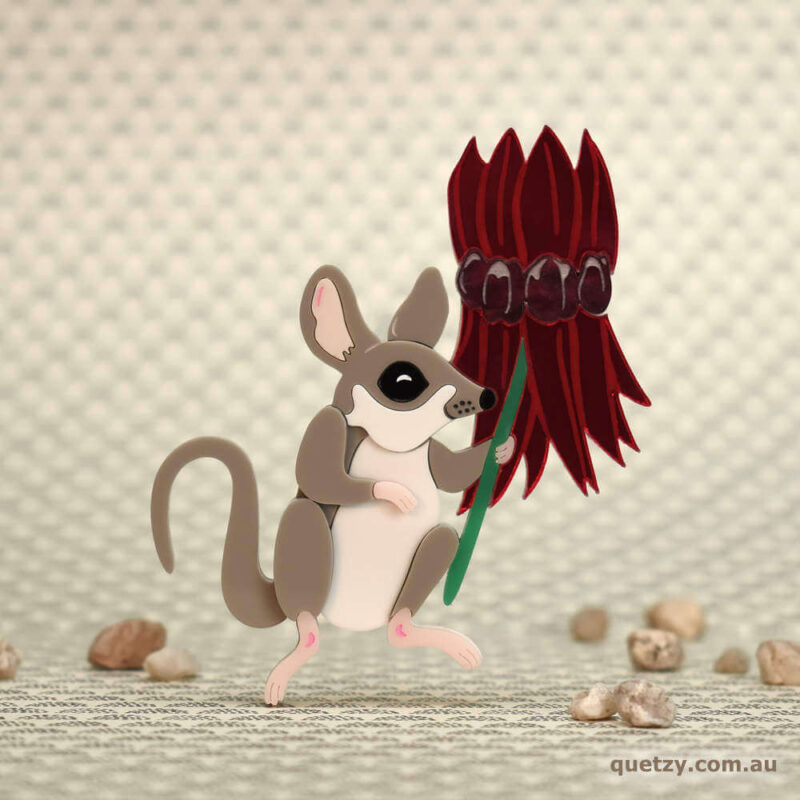Australian Fat-tailed Dunnart holding a Sturt Desert Pea stem and flower surrounded by rocks. Acrylic brooch by Quetzy