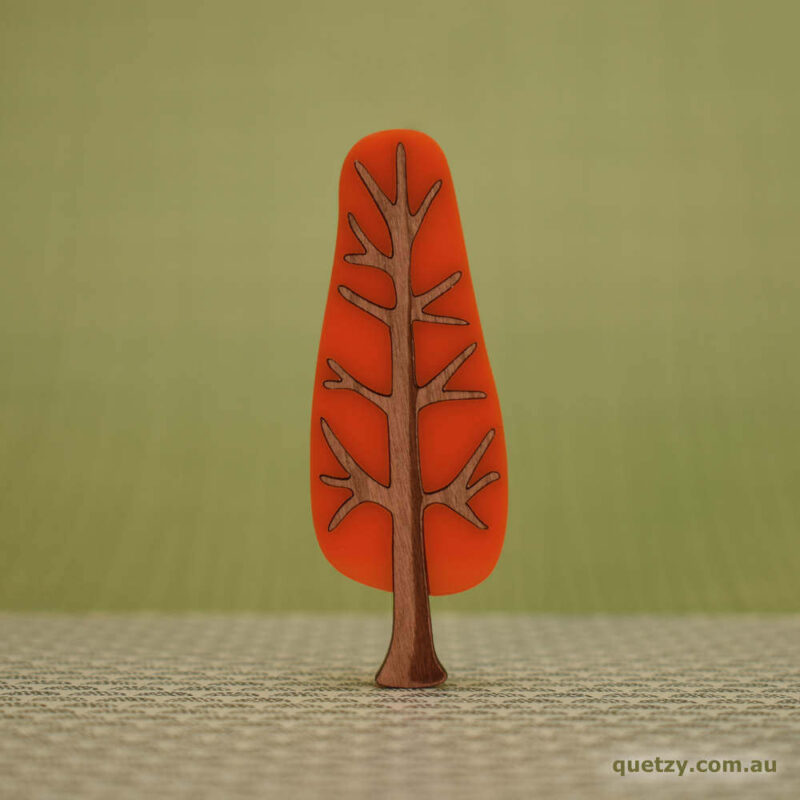 'Twiggy' 1950's inspired acrylic brooch of a narrow tree in tangerine sunset colour