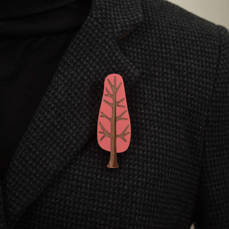 'Twiggy' 1950's inspired acrylic brooch of a narrow tree in patio pink colour