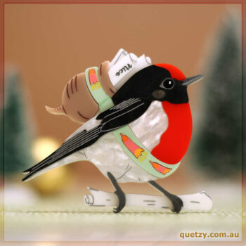 A delighfully decorated Red-capped Robin on a Christamas mission spreading Santa's joy. Acrylic brooch designed and handmade by Quetzy