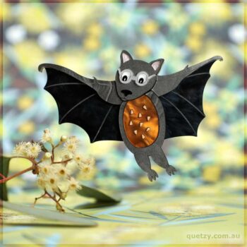 Flying Fruit Bat acrylic brooch gliding in for some native Eucalypt nectar. Yum! Designed and crafted by Quetzy.