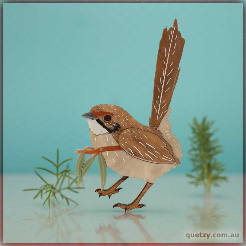 Created to bring awareness of critical habitat loss for the incredibly shy and endangered Striated Grasswren. This "leaf carrying" brooch version captures the unique personality inherent of many Grasswrens. Lovingly recreated in fine etch and painted detail, this brooch emulates the spirit of a "close encounter" photo taken during one of Quetzy's many Arid-Mallee photography field trips. Designed and hand crafted by Quetzy.