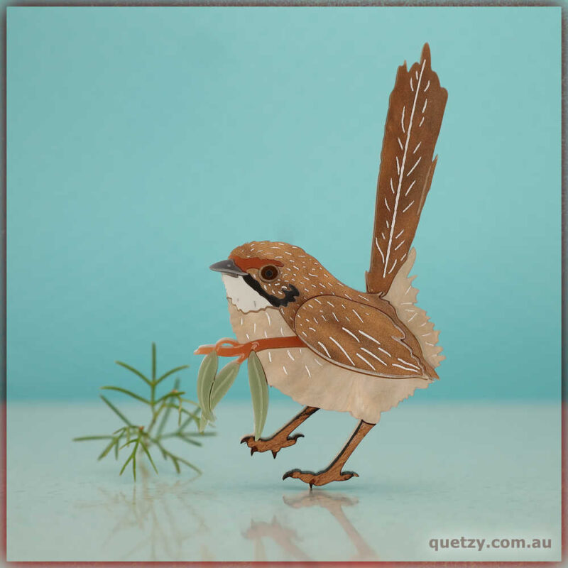 Created to bring awareness of critical habitat loss for the incredibly shy and endangered Striated Grasswren. This "leaf carrying" brooch version captures the unique personality inherent of many Grasswrens. Lovingly recreated in fine etch and painted detail, this brooch emulates the spirit of a "close encounter" photo taken during one of Quetzy's many Arid-Mallee photography field trips. Designed and hand crafted by Quetzy.